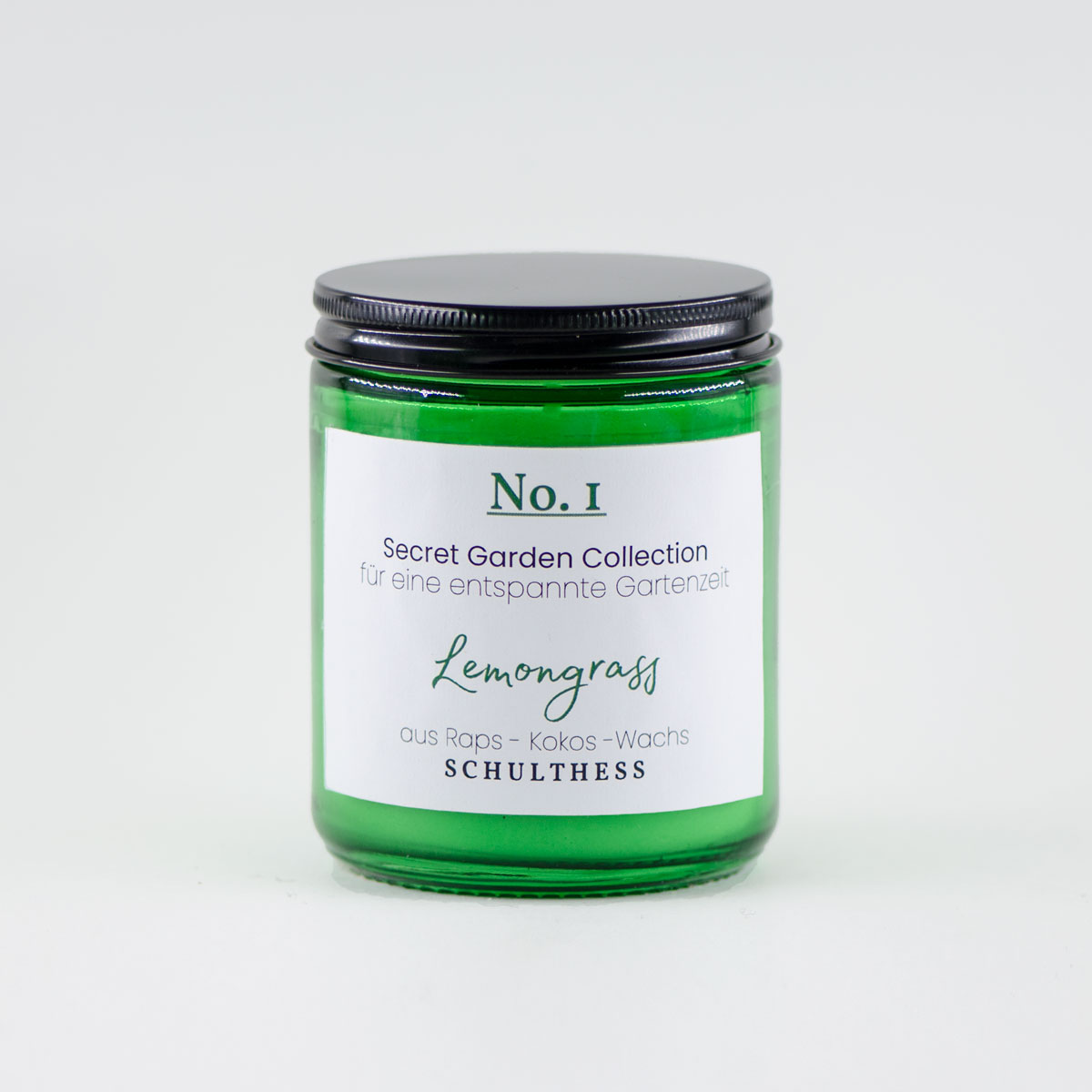 GrünglasGross_Lemongrass Duftkerze im Grünglas mit frischem Duft nach Lemongrass – handgemacht in der Schweiz, mit synthetischem Duft und Baumwolldocht.