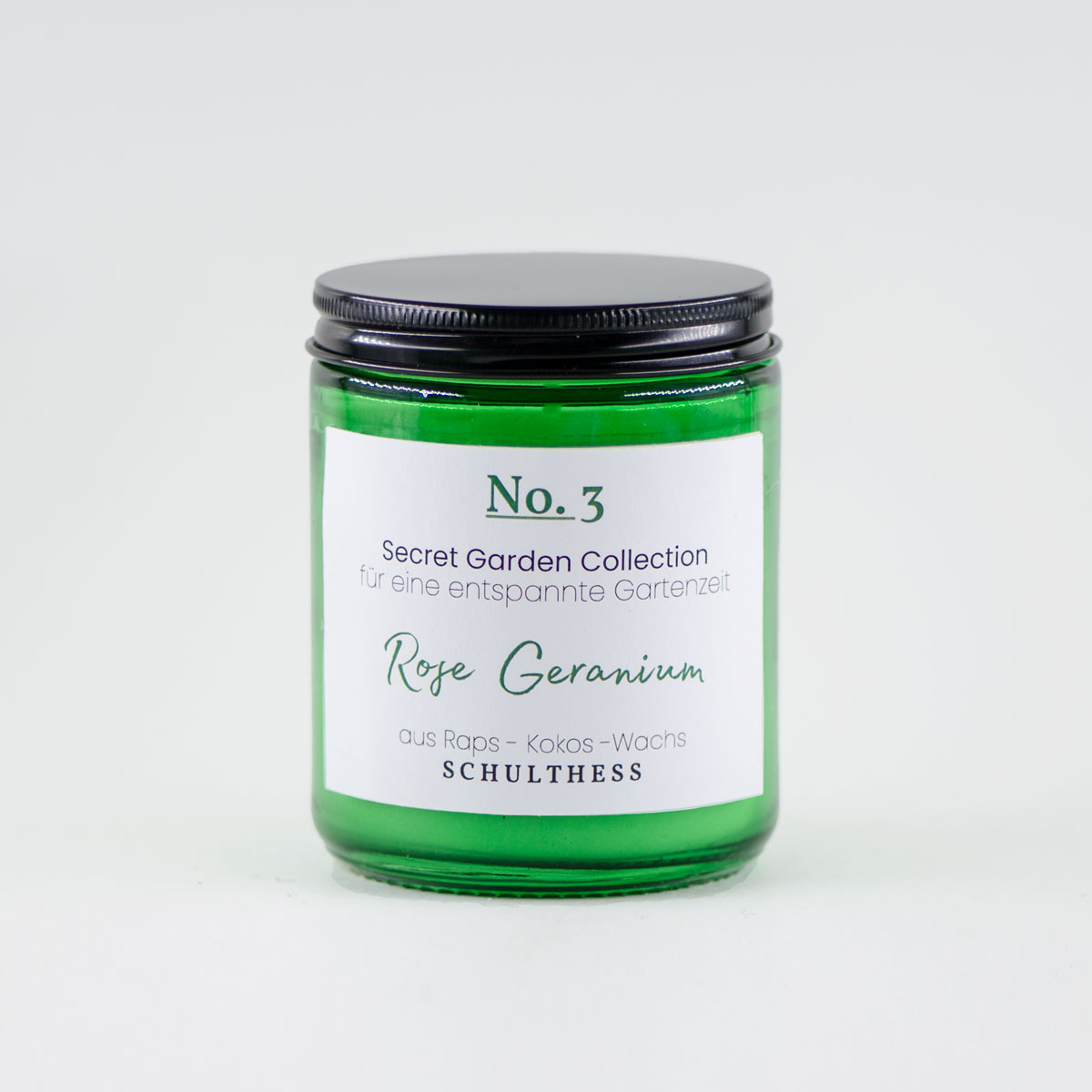 GrünglasGross_RoseGeranium Duftkerze im Grünglas mit blumig-krautigem Duft nach Rose Geranium – handgemacht in der Schweiz, mit synthetischem Duft und Baumwolldocht.