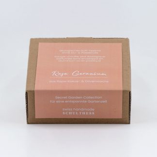 Teelicht mit blumig-krautigem Duft nach Rose Geranium – handgemacht in der Schweiz, mit synthetischem Duft und Baumwolldocht.